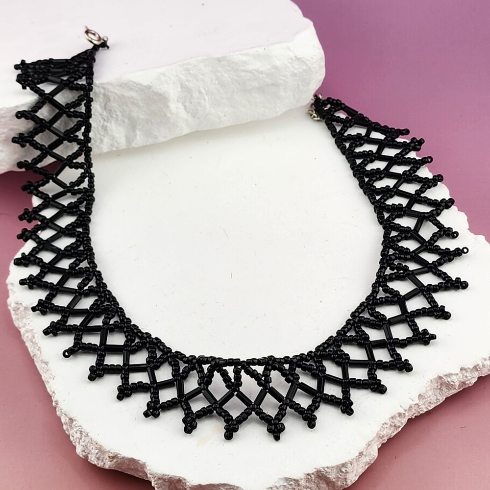 Black Beaded Lattice Collar Necklace Seed Bugle Beads Gothic Choker Statement